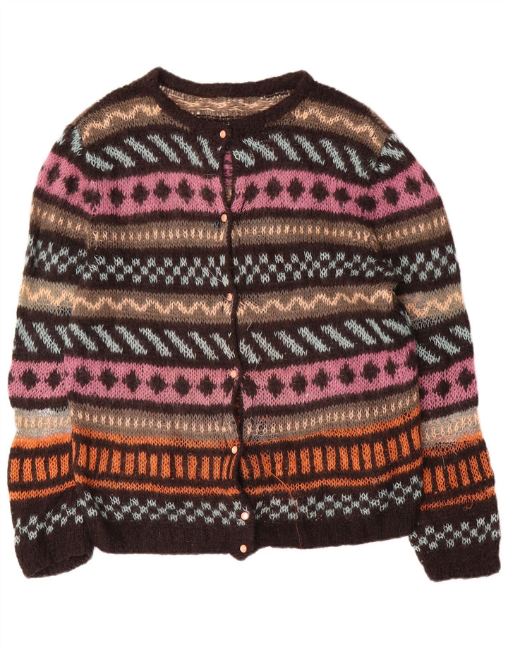 Suéter cardigã feminino vintage UK 16 grande listrado multicolorido