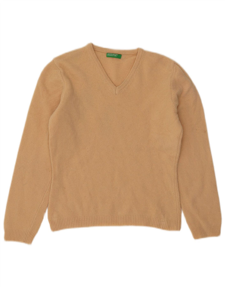 Suéter feminino BENETTON curto com decote em V Reino Unido 12 lã bege médio