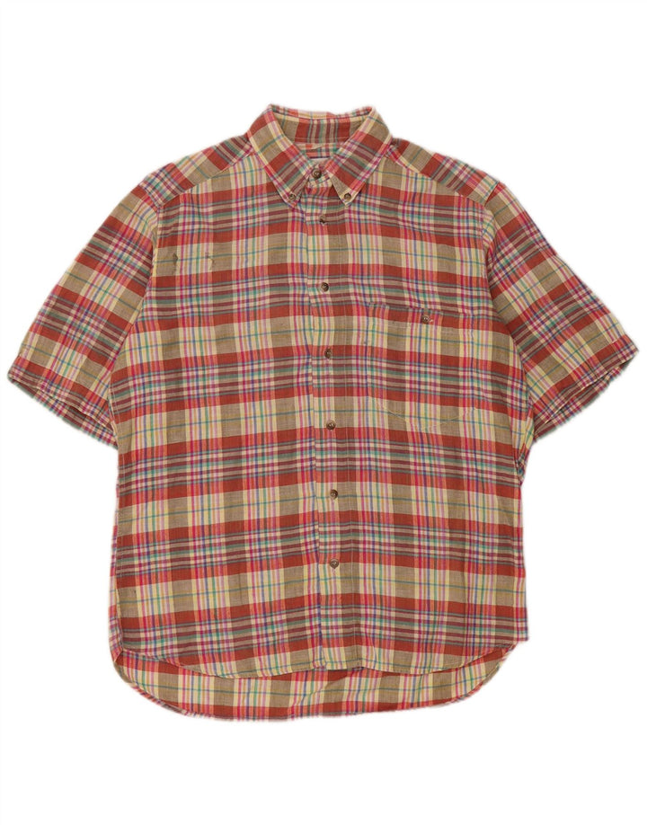 Camisa masculina vintage de manga curta, algodão xadrez médio multicolorido