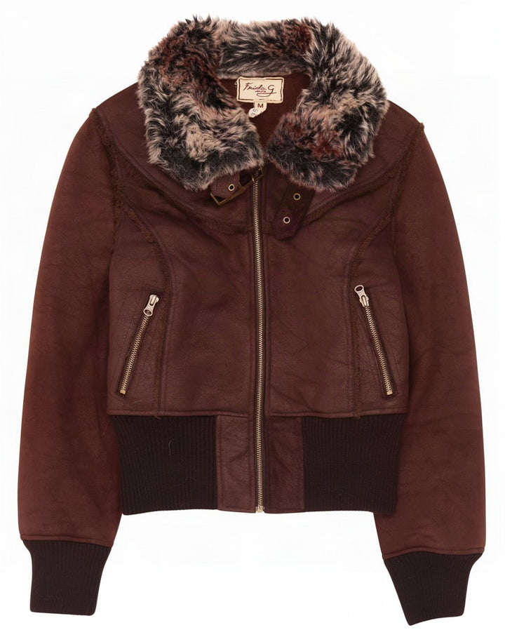 Jaqueta bomber vintage feminina UK 12 poliéster marrom médio
