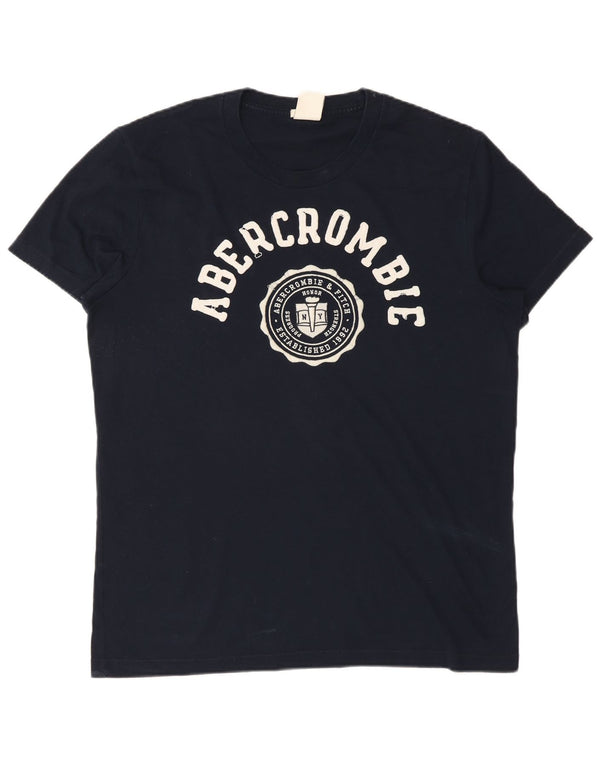 Camiseta masculina Abercrombie & Fitch Muscle Fit com estampa gráfica grande azul marinho