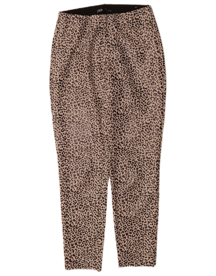 Zara Leggings feminino UK 12 poliéster bege médio com estampa animal