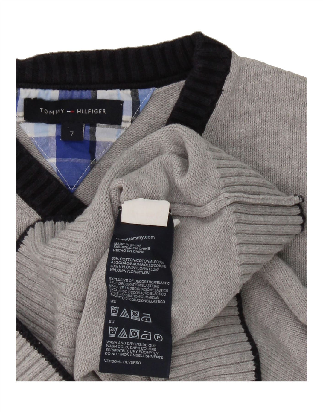 TOMMY HILFIGER Boys V-Neck Jumper Sweater 6-7 Years Grey Cotton Vintage Tommy Hilfiger and Second-Hand Tommy Hilfiger from Messina Hembry 