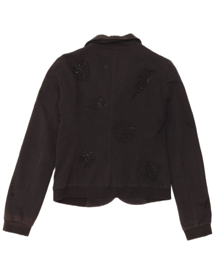 Jaqueta blazer feminina Moschino Crop Graphic 3 botões Reino Unido 10 pequena preta