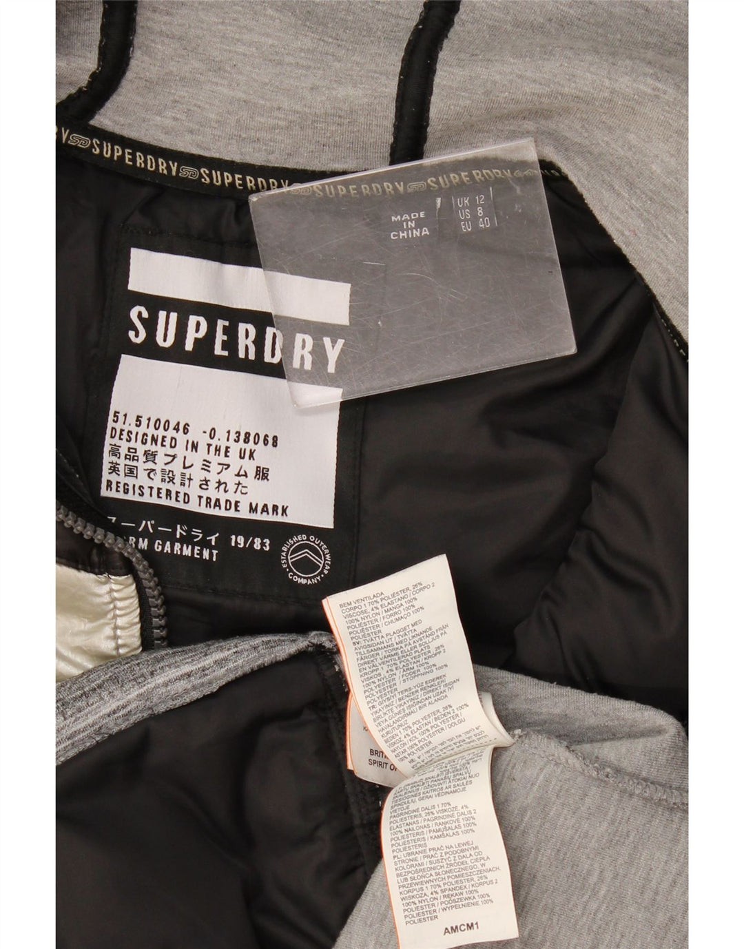 Jaqueta acolchoada com capuz feminina Superdry UK 12 cinza médio Colourblock Nylon