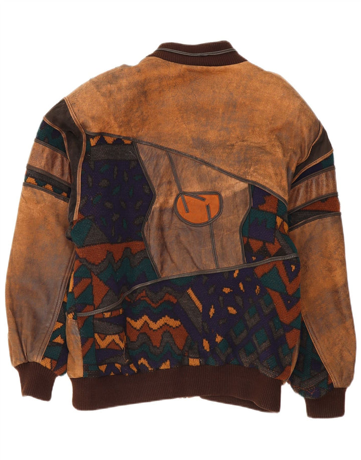 Jaqueta de couro masculina vintage IT 50 grande couro geométrico marrom