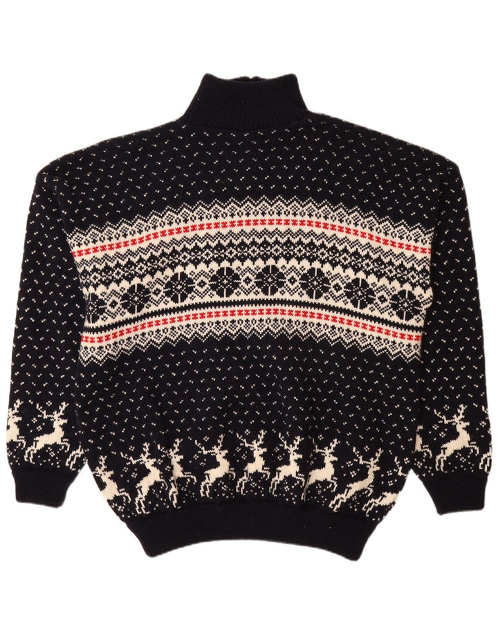 Suéter masculino vintage com zíper e gola XL azul marinho Fair Isle