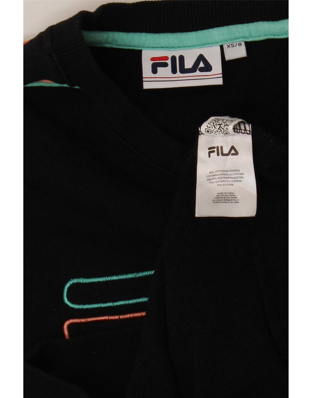 Fila moletom gráfico feminino jumper UK 8 pequeno algodão preto