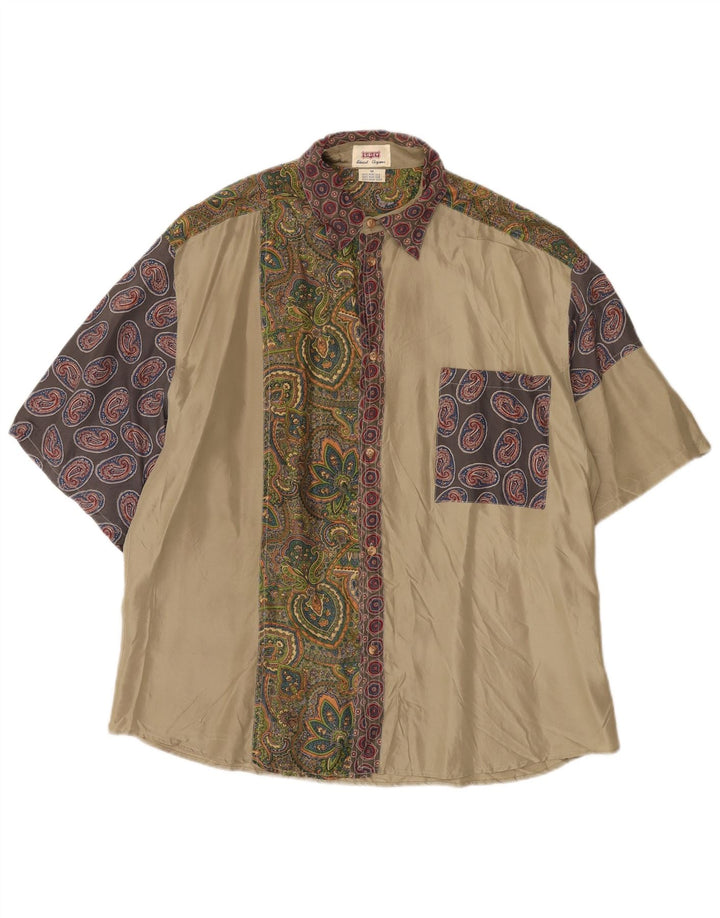 Camisa masculina Sisley de manga curta bege médio paisley seda