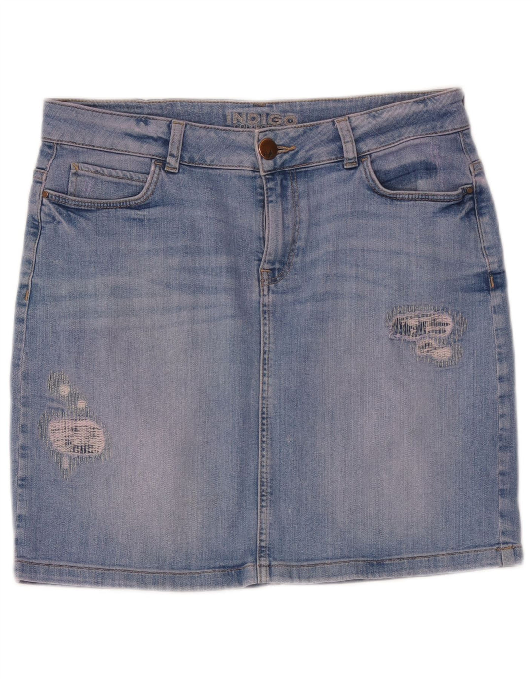 Saia jeans feminina Indigo Distressed da Marks & Spencer Reino Unido 12 médio W32 azul