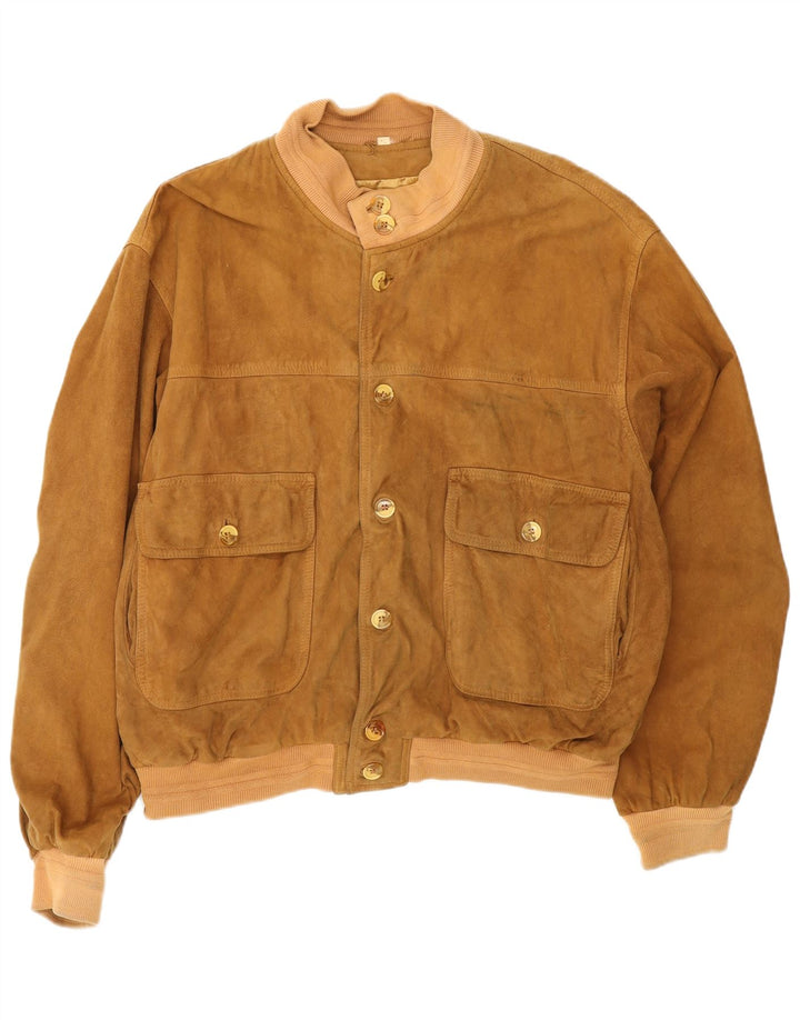 Jaqueta bomber masculina vintage de camurça Reino Unido 42 XL couro bege