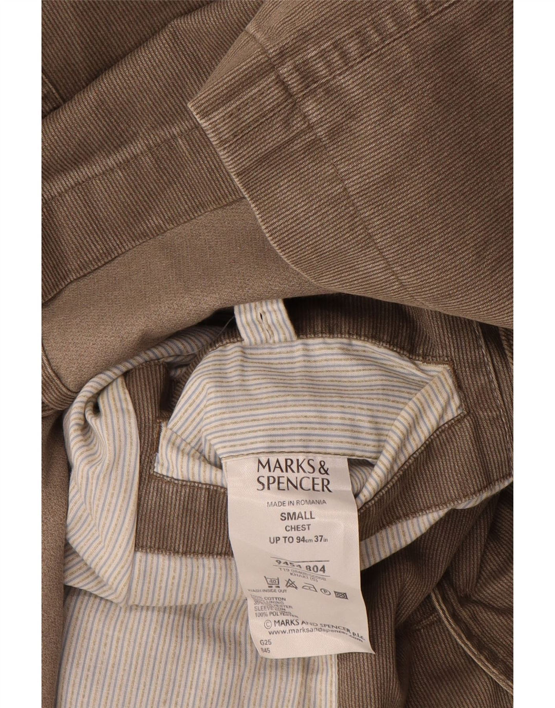 Jaqueta blazer masculina de 3 botões Marks & Spencer Reino Unido 36 pequena risca de giz cáqui