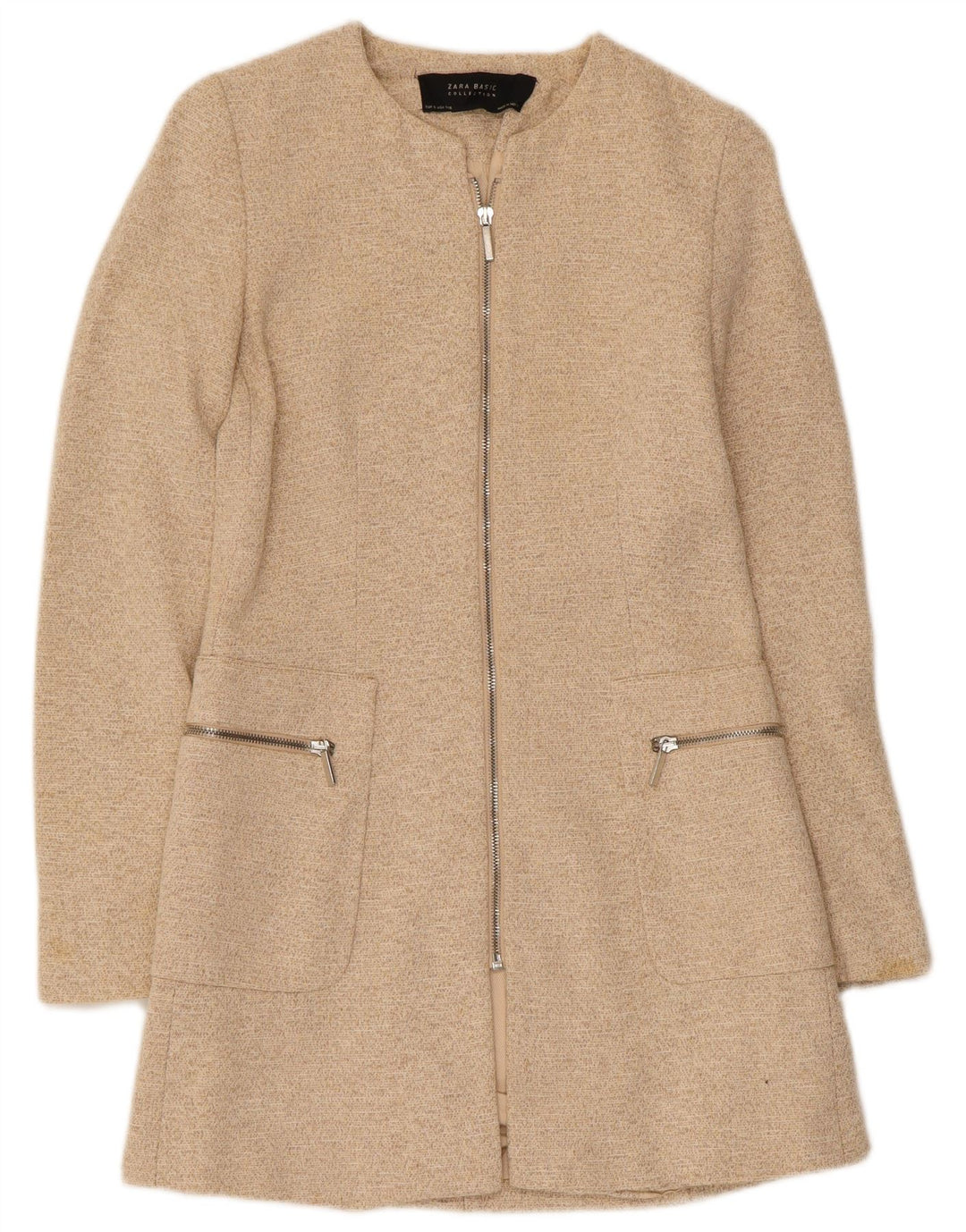 Jaqueta blazer feminina Zara Longline Full Zip Reino Unido 8 pequena bege manchada