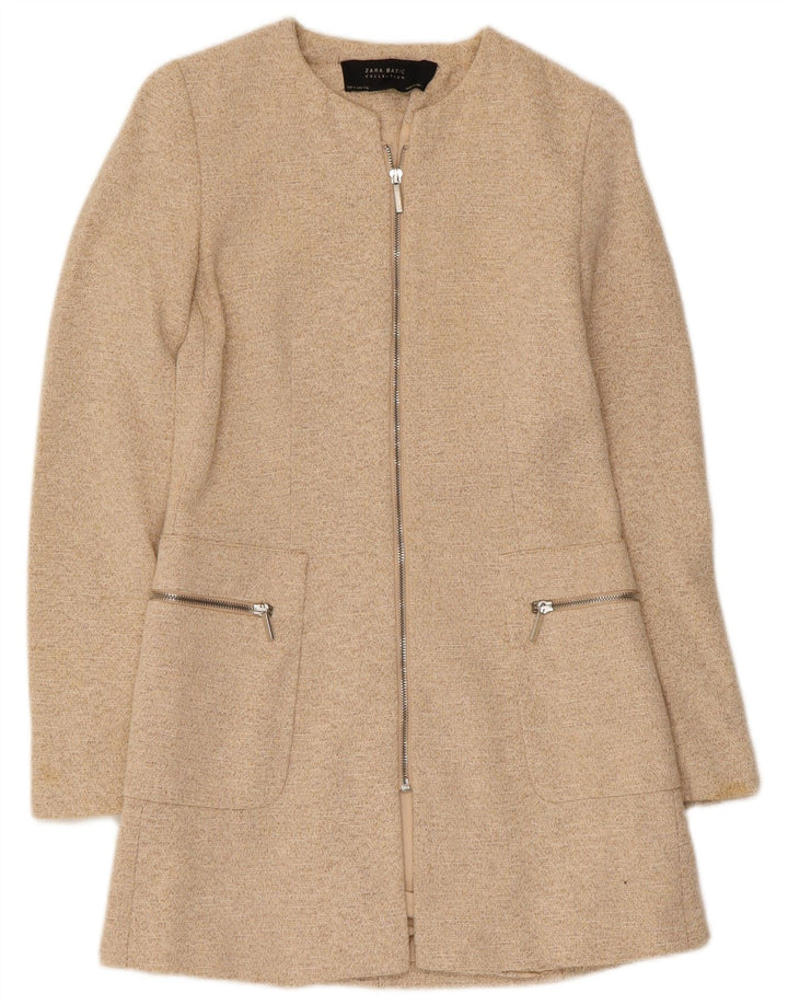 Jaqueta blazer feminina Zara Longline Full Zip Reino Unido 8 pequena bege manchada