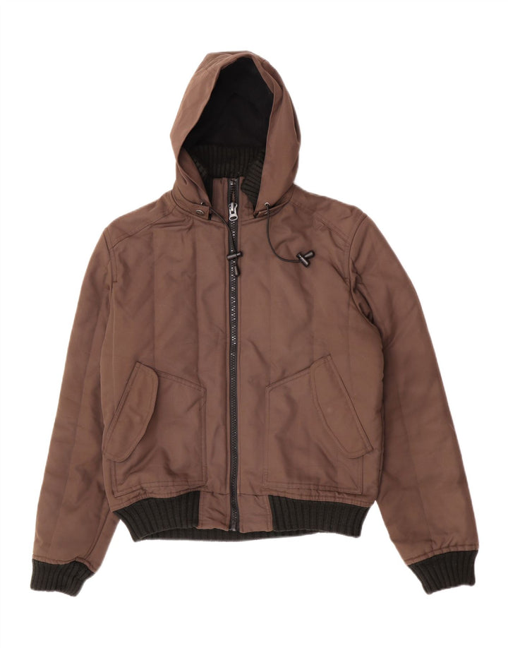 Jaqueta bomber com capuz masculina vintage UK 38 poliéster marrom médio Colourblock