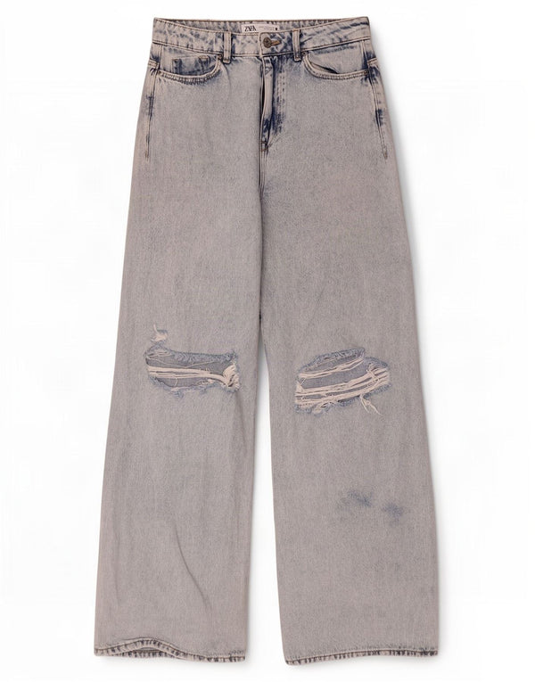 Zara Jeans feminino de perna larga desgastado UE 38 pequeno W28 L32 algodão azul