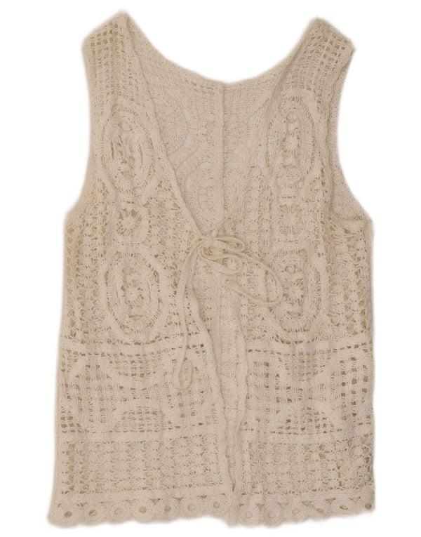 Cardigan de crochê feminino vintage sem mangas UK 14 médio branco