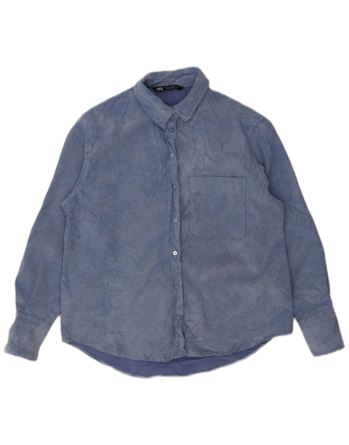 Camisa de lã feminina Zara UK 14 poliéster tie-dye azul médio