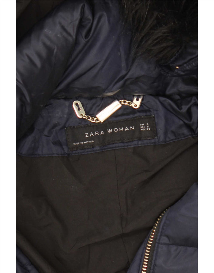 Casaco acolchoado com capuz feminino Zara UK 10 pequeno poliéster azul marinho