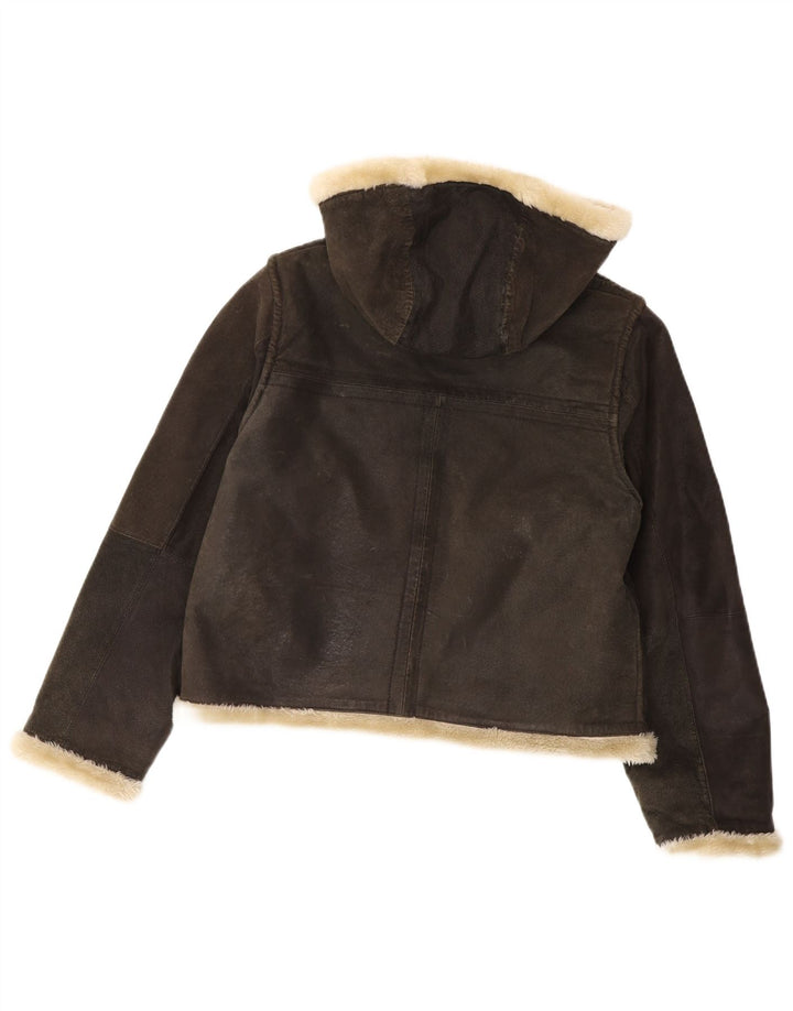 Jaqueta feminina Conbipel com capuz Shearling UK 14 couro cinza médio