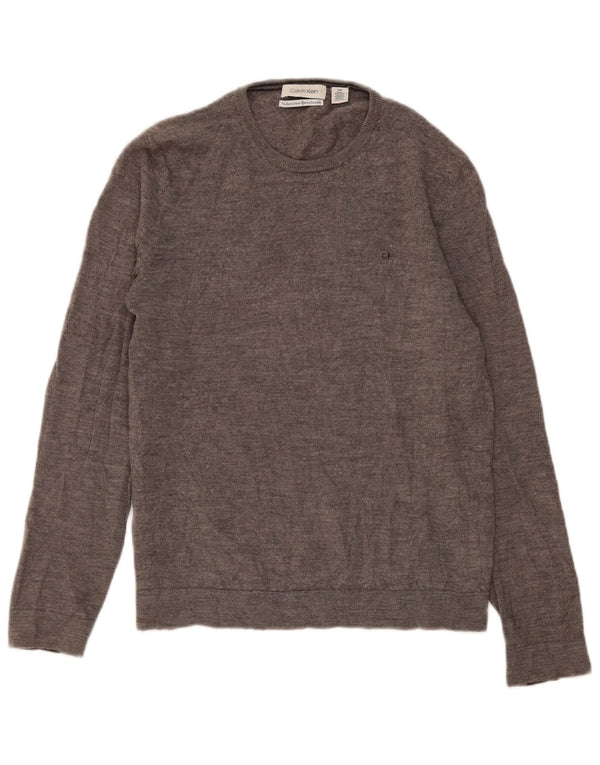 Suéter masculino Calvin Klein com gola redonda, lã merino manchada cinza médio