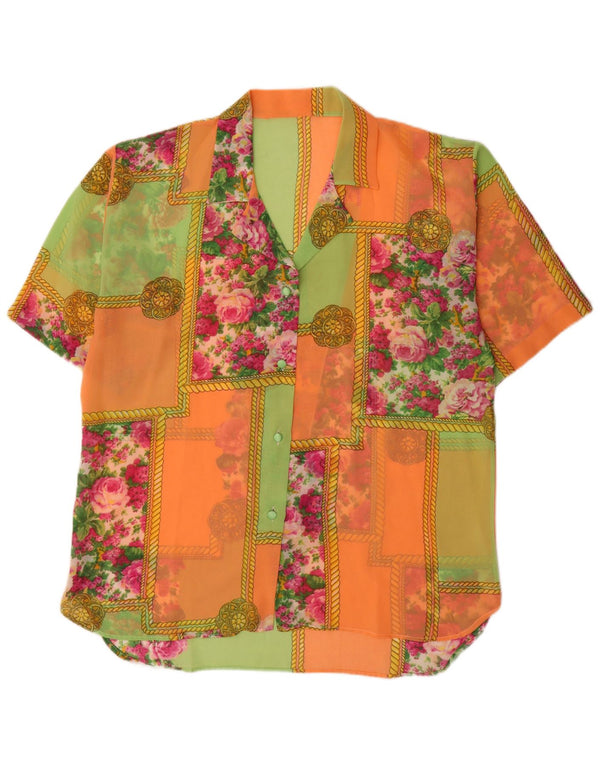Camisa feminina vintage de manga curta transparente UK 18 XL multicolorida floral