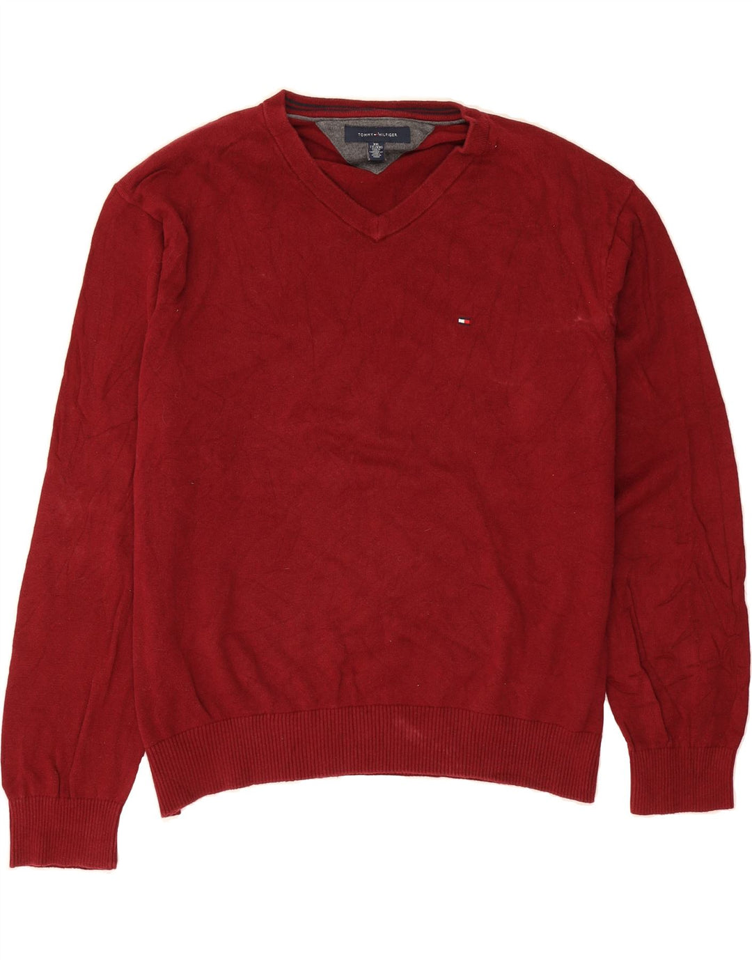 TOMMY HILFIGER Mens V-Neck Jumper Sweater 2XL Red Cotton Vintage Tommy Hilfiger and Second-Hand Tommy Hilfiger from Messina Hembry 