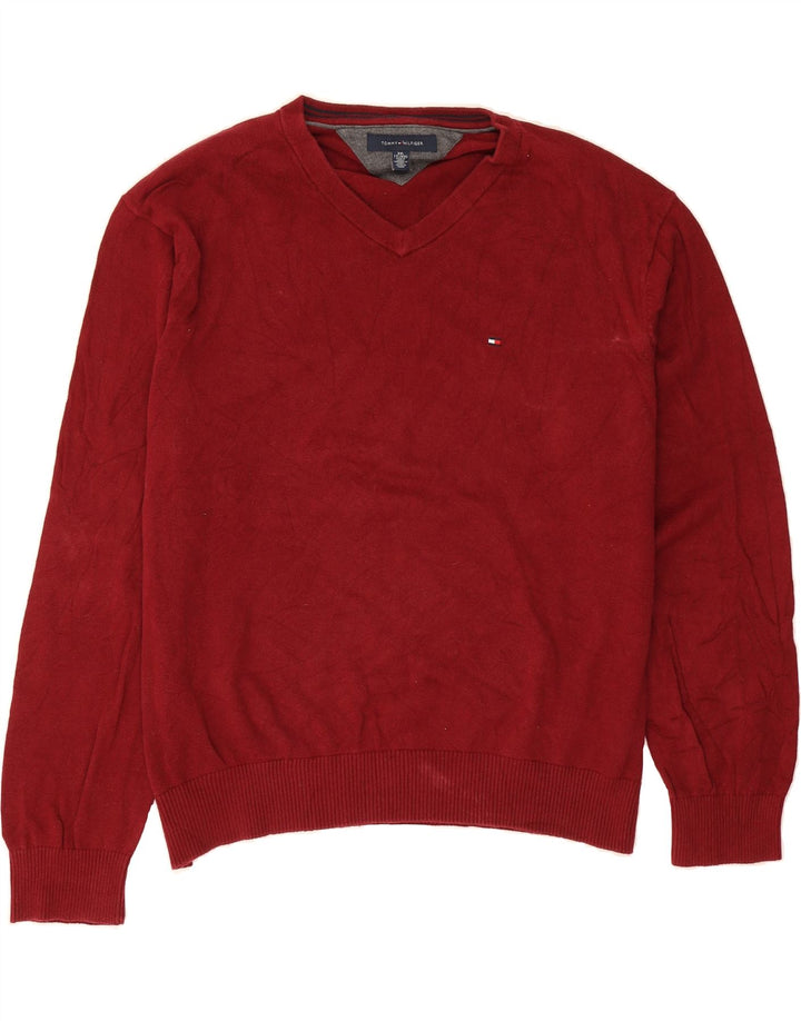 TOMMY HILFIGER Mens V-Neck Jumper Sweater 2XL Red Cotton Vintage Tommy Hilfiger and Second-Hand Tommy Hilfiger from Messina Hembry 