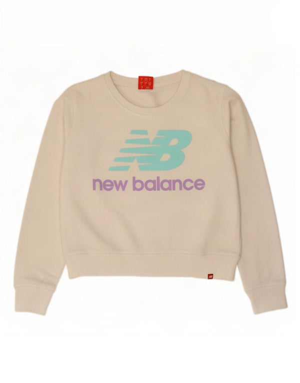 New Balance Womens Crop Graphic Moletom Jumper Reino Unido 14 Médio Algodão Branco