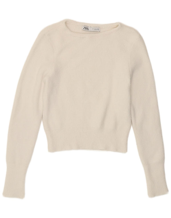 Suéter feminino Zara com gola canoa e decote em barco, Reino Unido 10, pequeno, branco