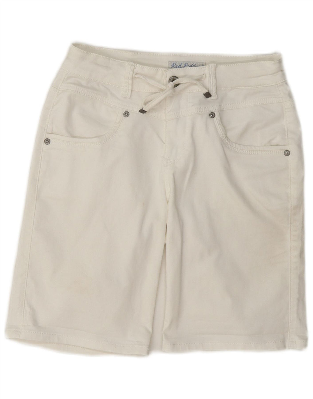 Shorts casuais femininos com botão vermelho UE 36 pequeno algodão W27 branco
