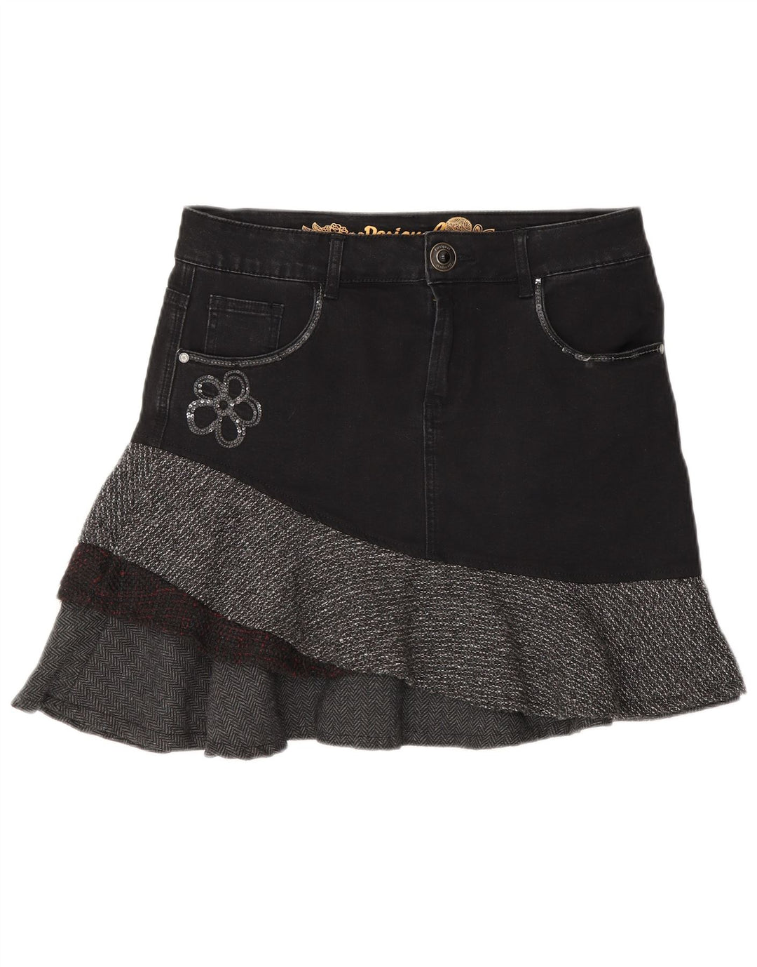 Saia jeans assimétrica feminina Desigual EU 40 médio W30 espinha de peixe cinza