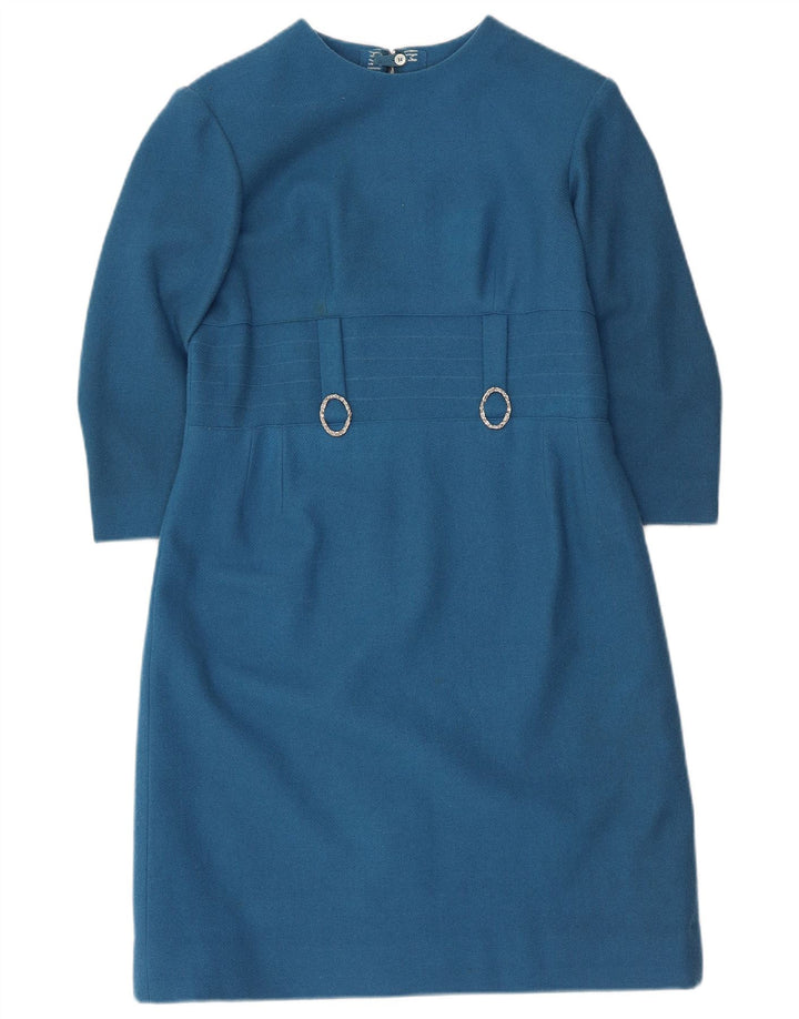 Vestido feminino VINTAGE manga 3/4 com bainha UK 12 azul médio