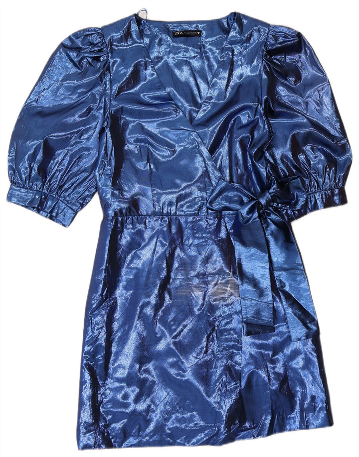 Vestido feminino Zara A-Line UK 8 pequeno azul poliéster