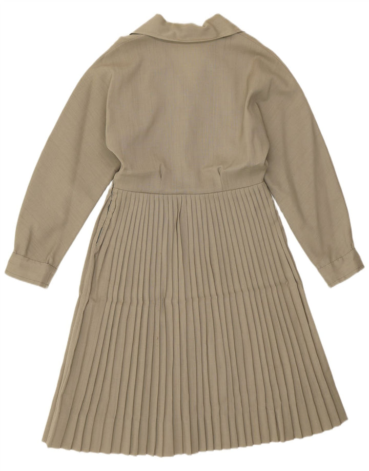 Vestido feminino vintage manga comprida evasê UK 12 médio cáqui