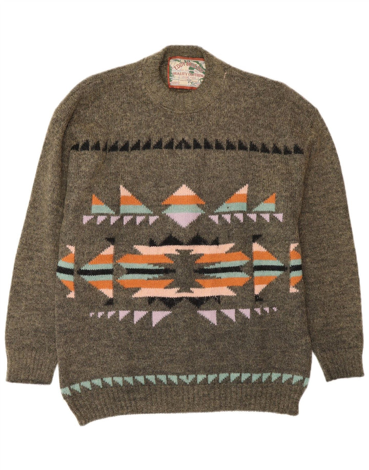 Suéter masculino vintage com gola redonda, médio cáqui Fair Isle