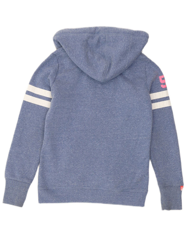 Suéter feminino Superdry com capuz e zíper gráfico UK 10 pequeno azul manchado