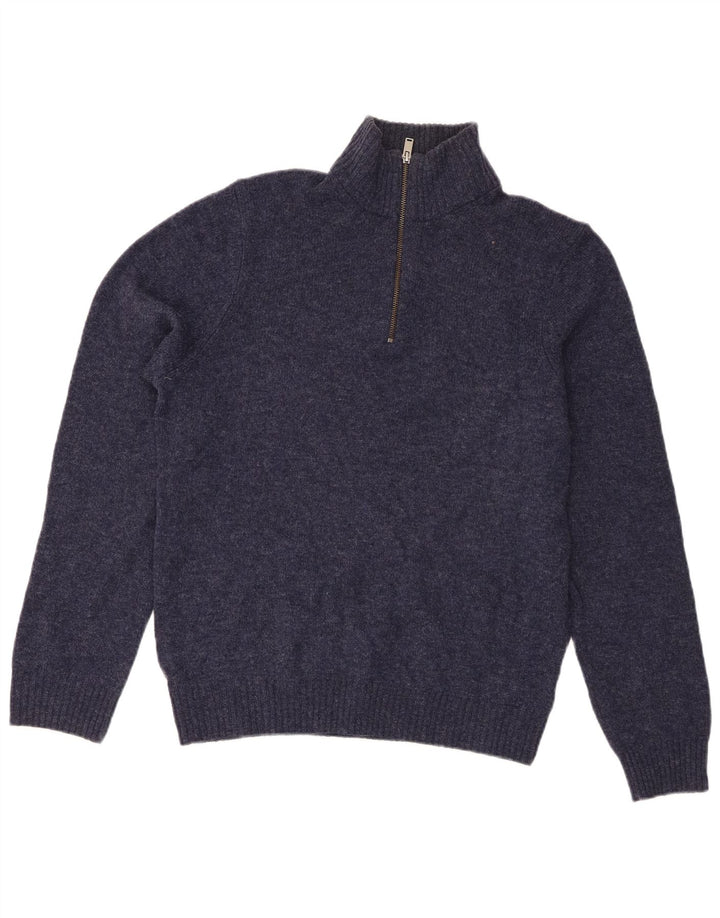 Suéter masculino Marks & Spencer com zíper e gola em lã de carneiro azul marinho médio