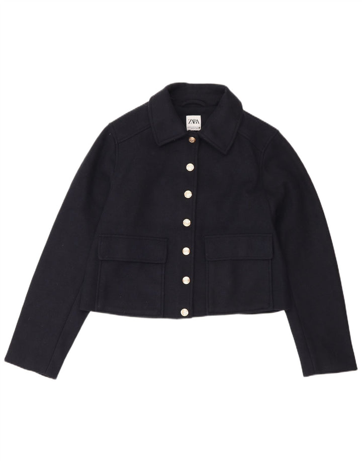 Zara Womens Crop Bomber Jacket UK 6 XS Azul Marinho Poliéster