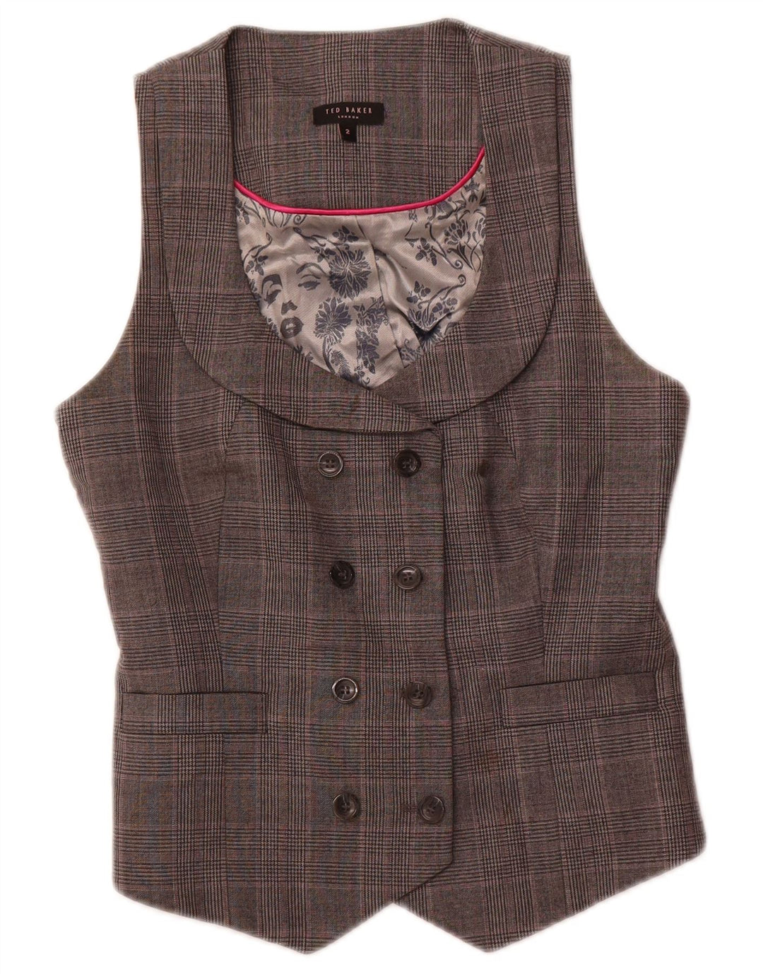 Colete feminino TED BAKER com peito duplo tamanho 2 pequeno cinza xadrez de lã