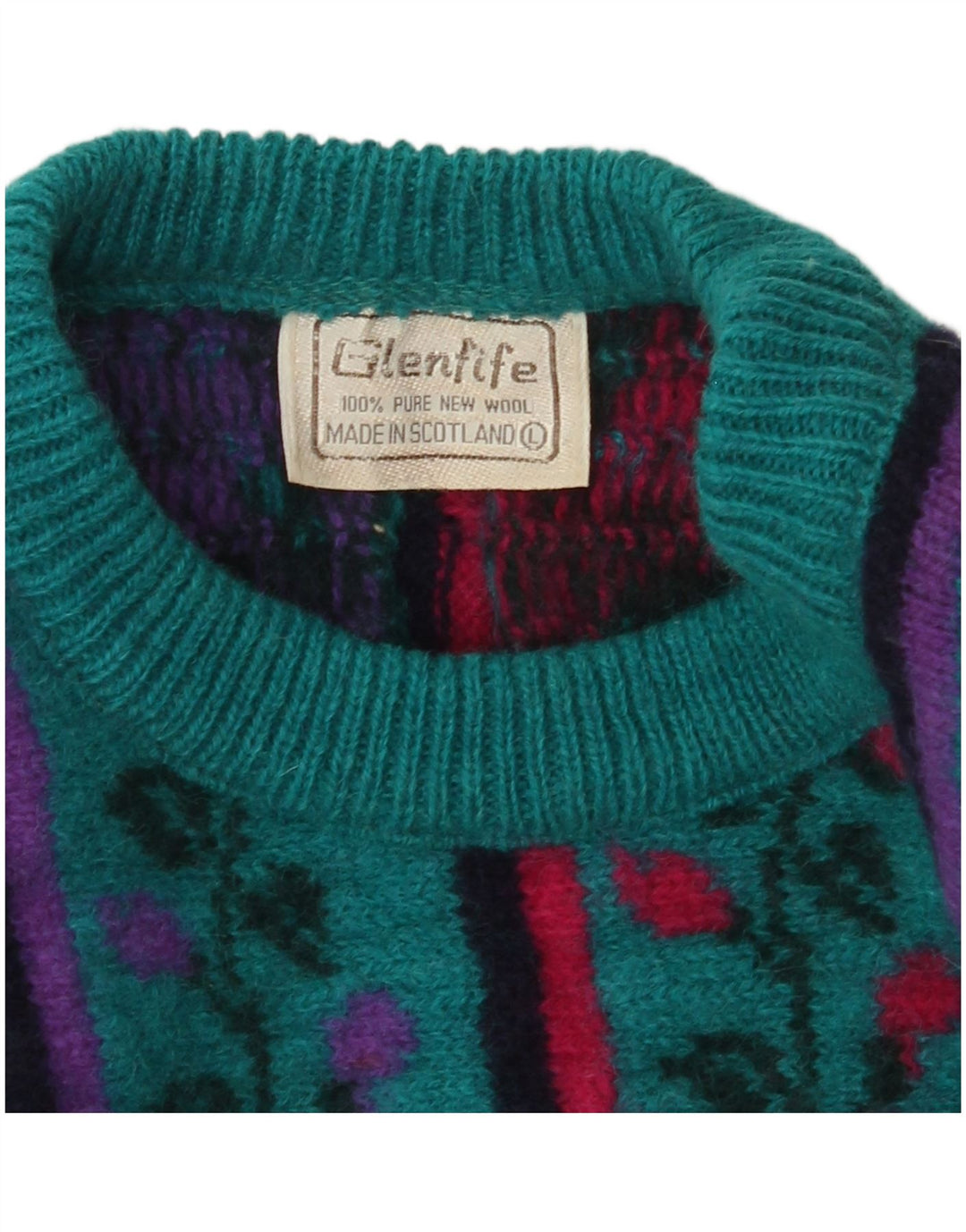 Suéter feminino VINTAGE com gola redonda Reino Unido 16 grande lã floral turquesa