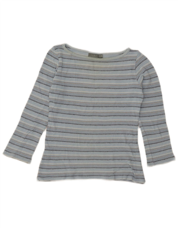 Zara Top curto feminino manga 3/4 Reino Unido 12 listrado azul médio