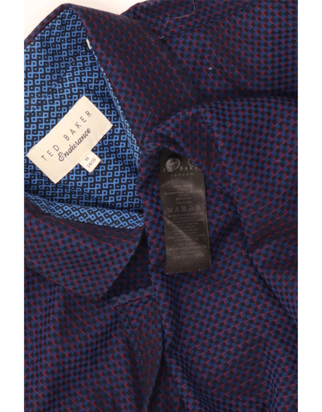 Camisa masculina Ted Baker tamanho 16 grande algodão geométrico azul marinho