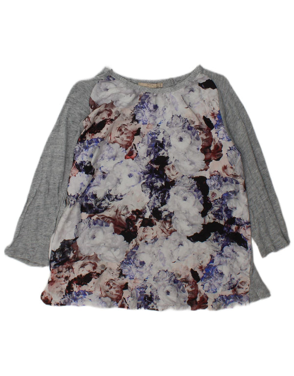Blusa feminina de manga comprida Zara UK 14 grande cinza floral