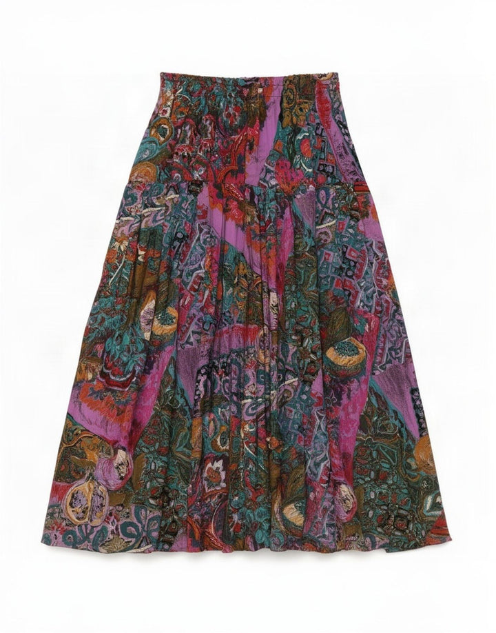 Saia vintage feminina com padrão abstrato evasê grande W30 multicolorida