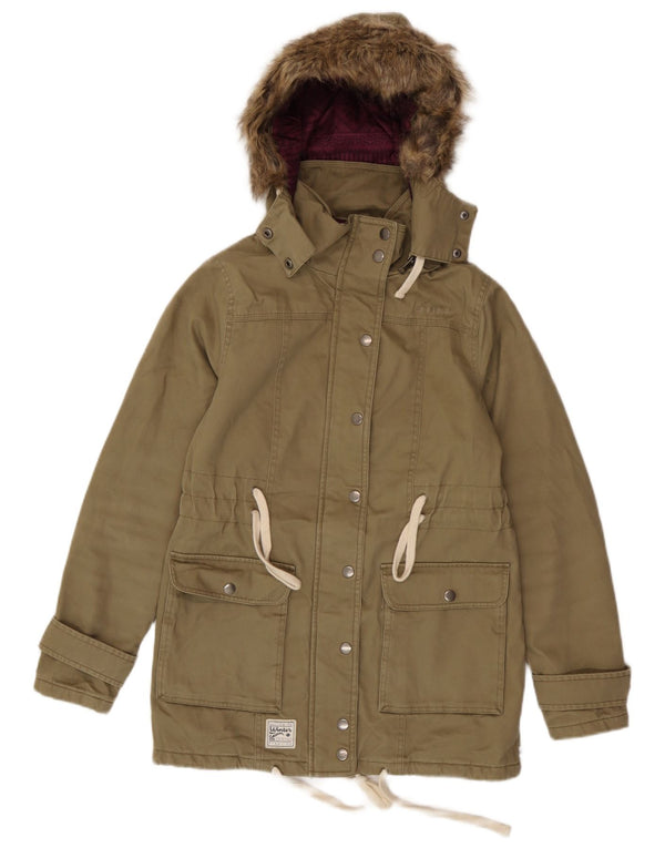 Animal Womens Hooded Parka Jacket UK 6 XS Khaki Cotton