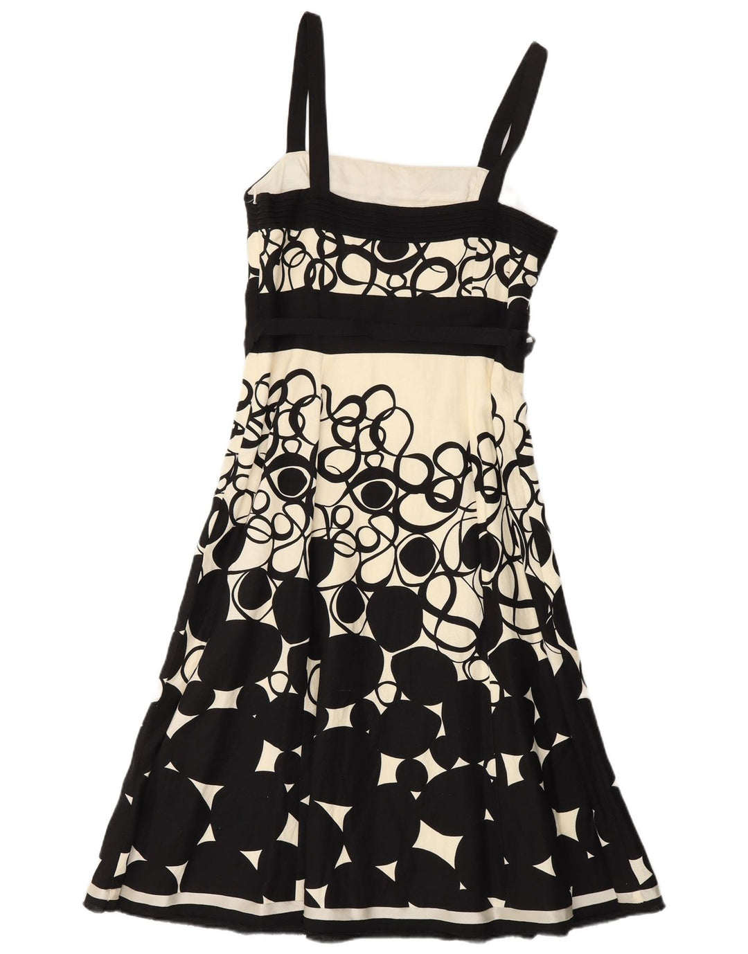 Vestido feminino MONSOON sem mangas evasê UK 10 pequeno linho geométrico preto