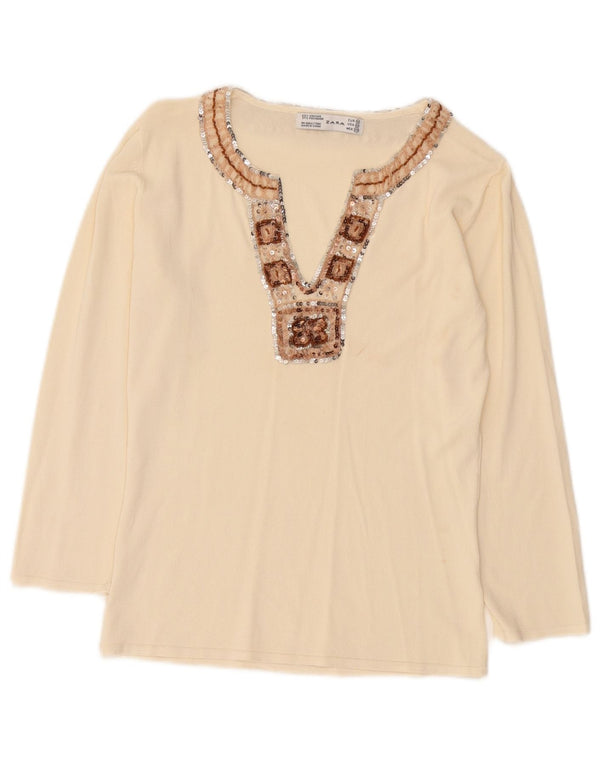 Top feminino Zara manga comprida UK 12 viscose bege médio