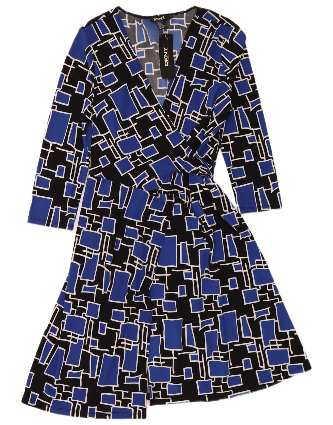 Vestido feminino Dkny manga 3/4, tamanho único, azul, geométrico, poliéster