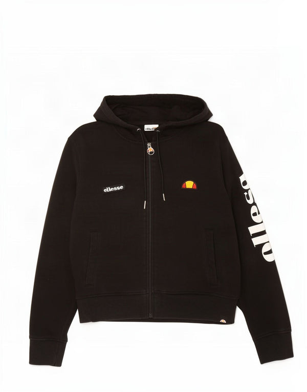Ellesse Suéter feminino com capuz e zíper gráfico cropped Reino Unido 16 grande algodão preto